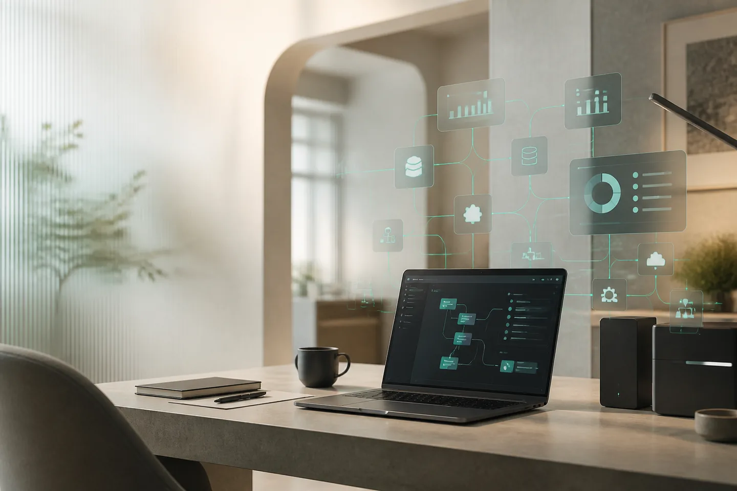 Visual konseptual sistem digital dan workflow AI dalam ruang kerja modern.