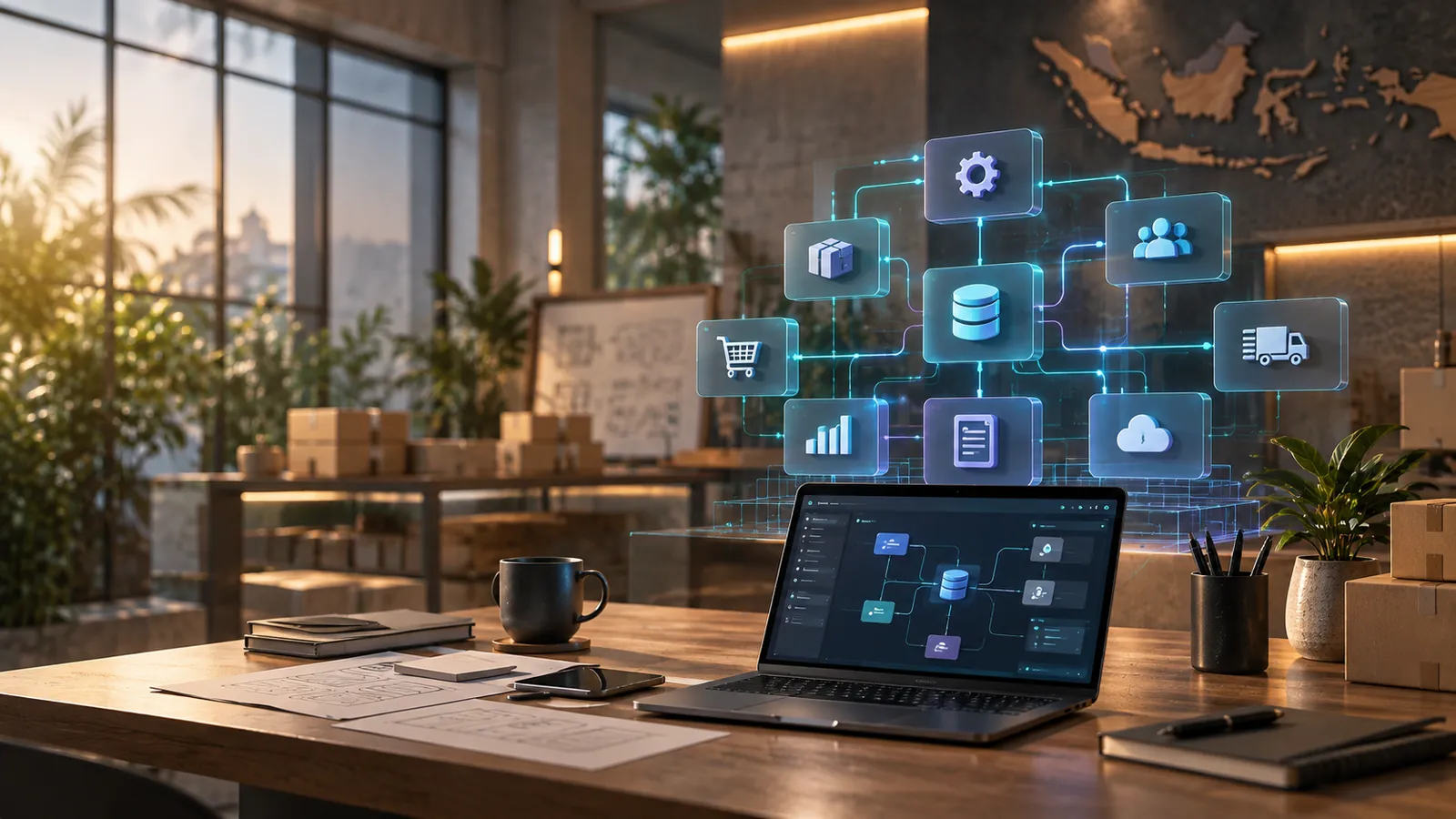 Arsitektur software kustom menghubungkan aplikasi, data, analitik, dan operasi bisnis.