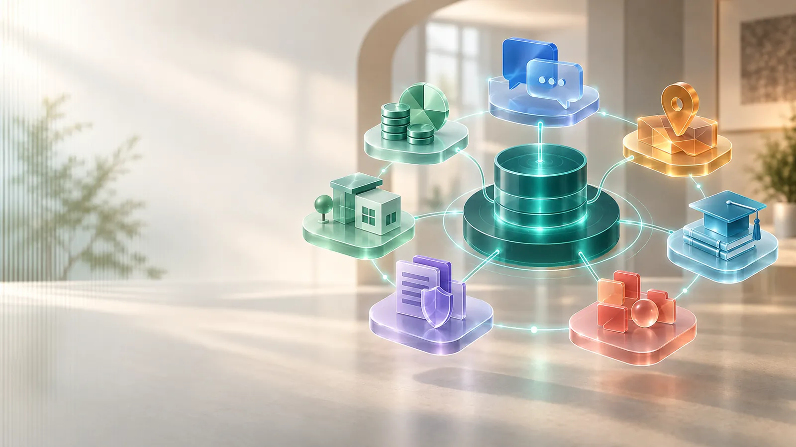 Tujuh platform terhubung pada satu fondasi teknologi dengan fungsi dan warna yang berbeda.