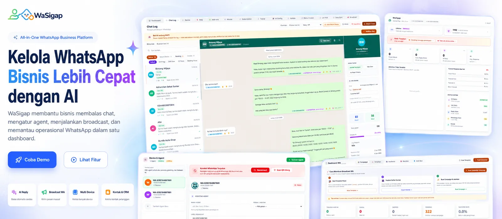 Tampilan dashboard WaSigap yang memperlihatkan ringkasan operasi WhatsApp dan modul pengelolaan pesan.